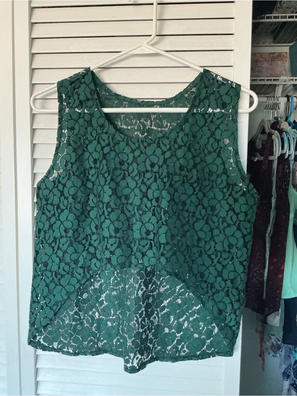 Forest Green Floral Lace Sleeveless Blouse - Picture 2 of 4